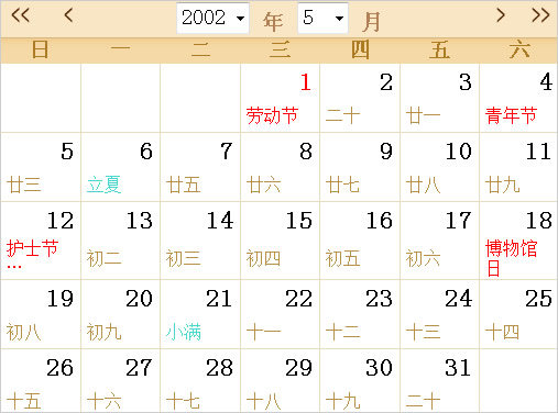 2002日历表,2002全年日历农历表