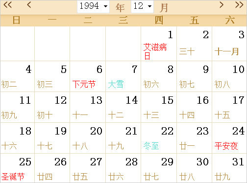 1994日历表,1994全年日历农历表