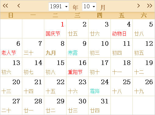 1991日歷表,1991全年日歷農(nóng)歷表