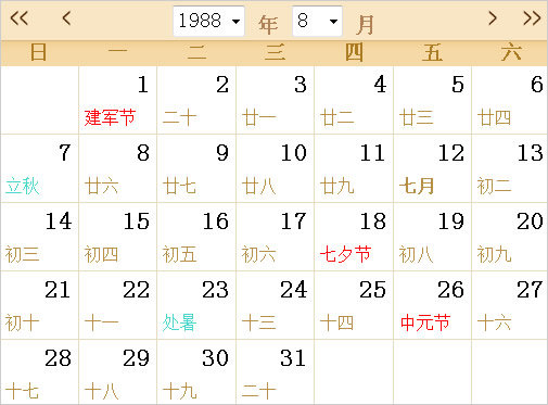 1988日历表,1988全年日历农历表