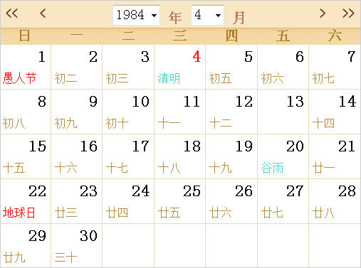 1984日歷表,1984全年日歷農(nóng)歷表