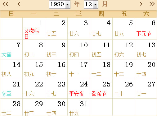 1980全年日历农历表