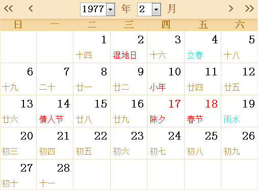 1977日歷表