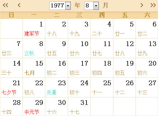 1977日历表