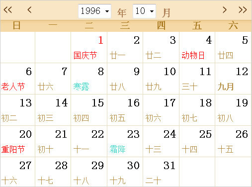 1996日歷表,1996全年日歷農(nóng)歷表