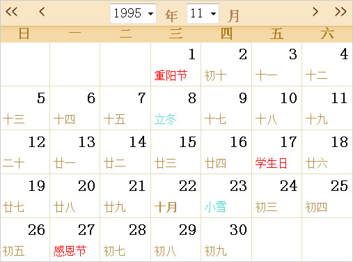 1995日历农历表