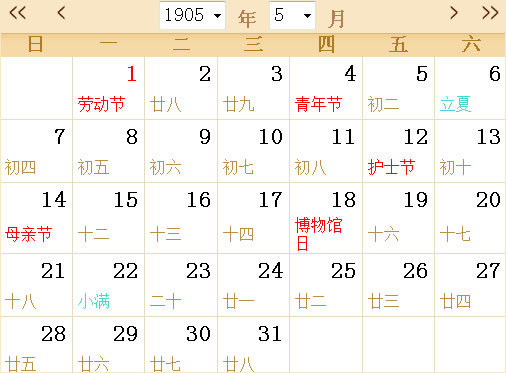 1905日历表