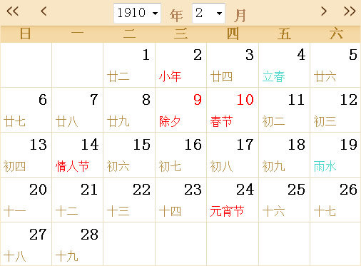 1910日历表