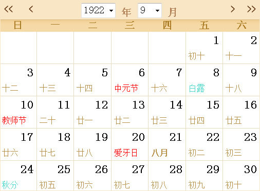 1922日历表