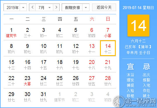 2019年7月14日黃歷查詢