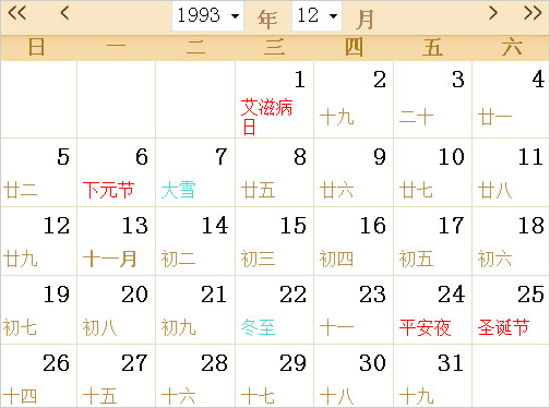 1993日历表,1993全年日历农历表